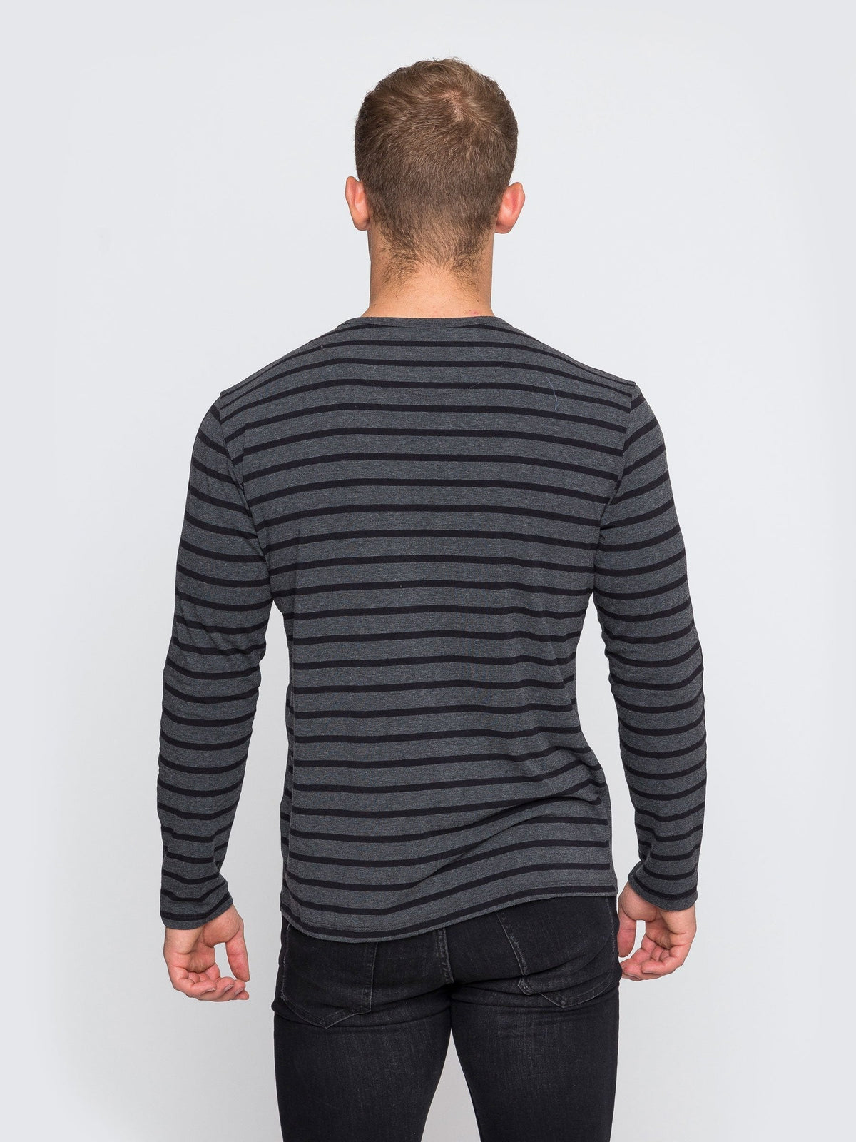 Two Blind Brothers - Mens Men's Long Sleeve Striped Henley Charcoal-and-Black-Stripe