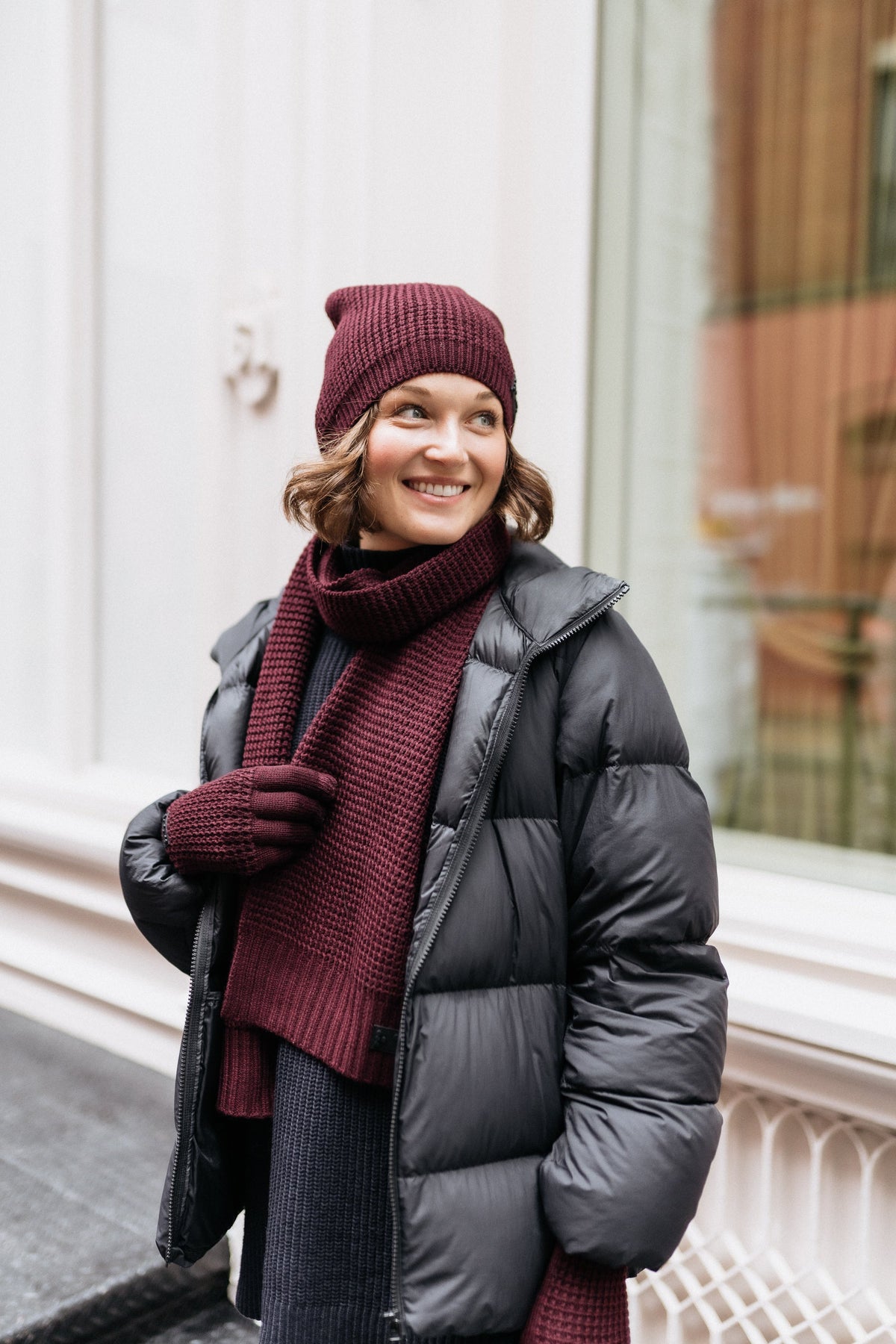 Two Blind Brothers - Gift Waffle Knit Beanie & Scarf Set Maroon