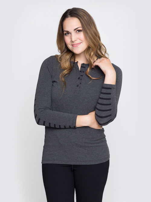 Women's Long Sleeve Striped Henley in Charcoal and Black Stripe