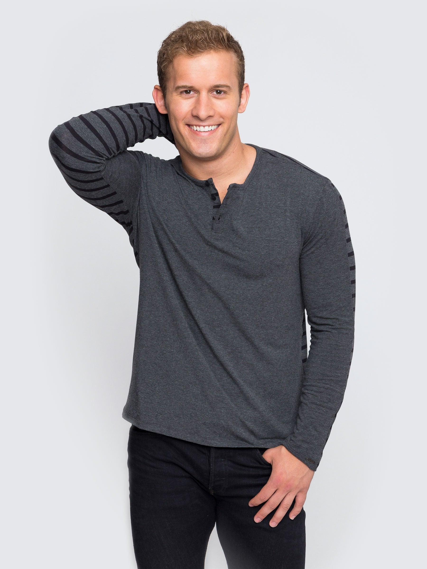 Two Blind Brothers - Mens Men's Long Sleeve Striped Henley Charcoal-and-Black-Stripe