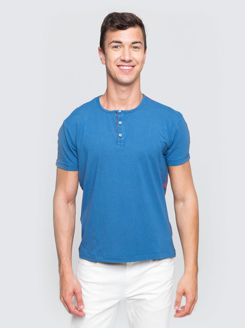 Men's SS Henley Striped in Blue and Rose Stripe