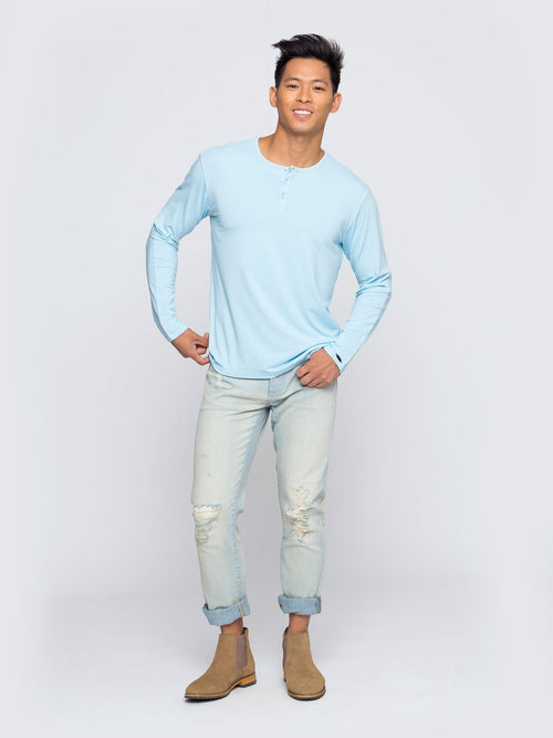 Men's Long Sleeve Solid Henley in Light Blue