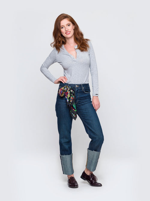 Women's Long Sleeve Solid Henley in Light Grey