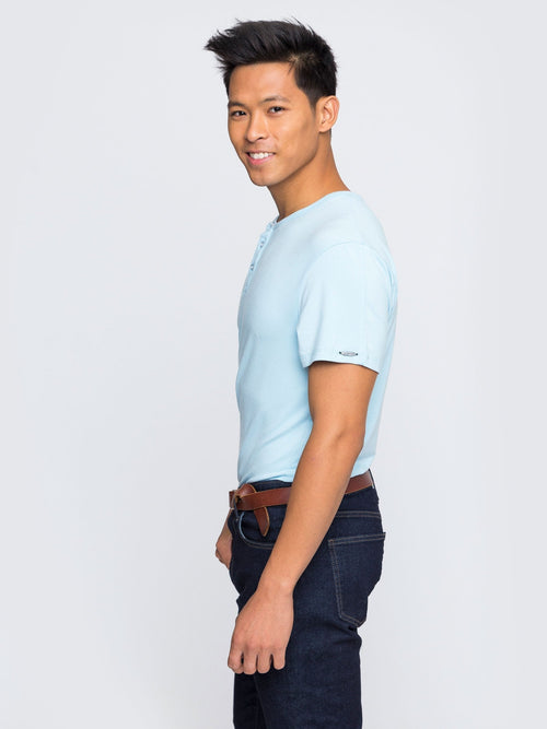 Men's SS Henley Solid in Light Blue